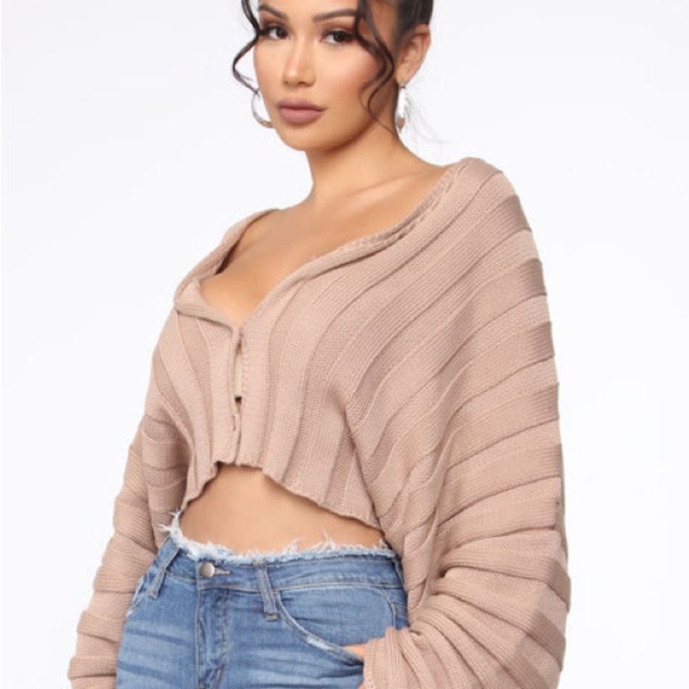 Tan Ribbed Knit Cropped Cardigan - Picture 6 of 6